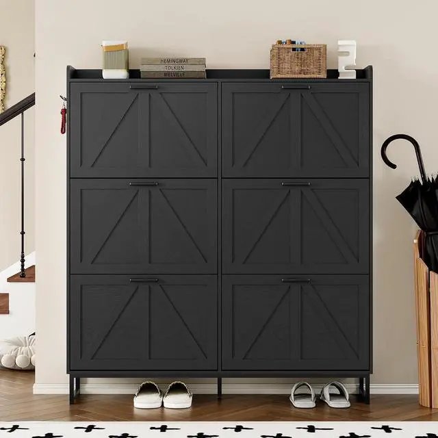 Alt view image 4 of 7 - Shoe Cabinet with 6 Flip Drawers Narrow Shoe Storage Cabinet Organizer Wooden Freestanding Shoe Rack Hidden Slim Shoes Storage Cabinet for Entryway, Hallway, Living Room, Bedroom