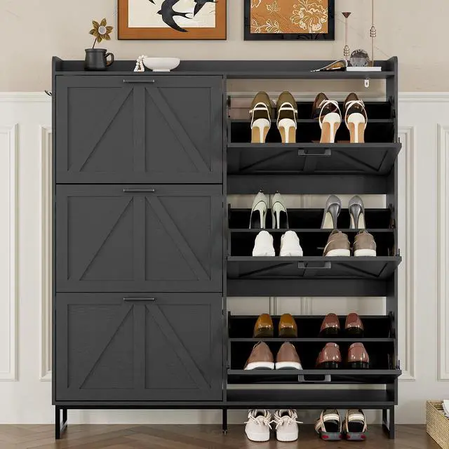 Alt view image 5 of 7 - Shoe Cabinet with 6 Flip Drawers Narrow Shoe Storage Cabinet Organizer Wooden Freestanding Shoe Rack Hidden Slim Shoes Storage Cabinet for Entryway, Hallway, Living Room, Bedroom