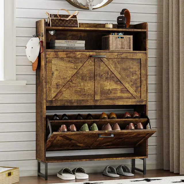 Main image of Shoe Cabinet with 2 Flip Drawers Narrow Shoe Storage Cabinet Organizer Wooden Freestanding Rack Hidden Slim Storage for Entryway, Hallway, Living Room, Bedroom (Brown)
