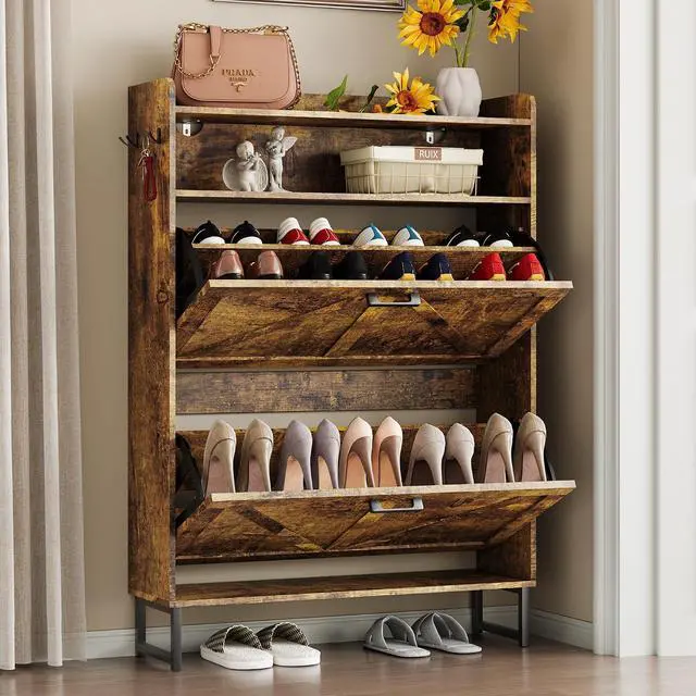 Alt view image 3 of 7 - Shoe Cabinet with 2 Flip Drawers Narrow Shoe Storage Cabinet Organizer Wooden Freestanding Rack Hidden Slim Storage for Entryway, Hallway, Living Room, Bedroom (Brown)