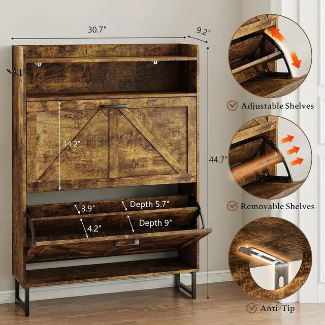 Alt view image 2 of 7 - Shoe Cabinet with 2 Flip Drawers Narrow Shoe Storage Cabinet Organizer Wooden Freestanding Rack Hidden Slim Storage for Entryway, Hallway, Living Room, Bedroom (Brown)