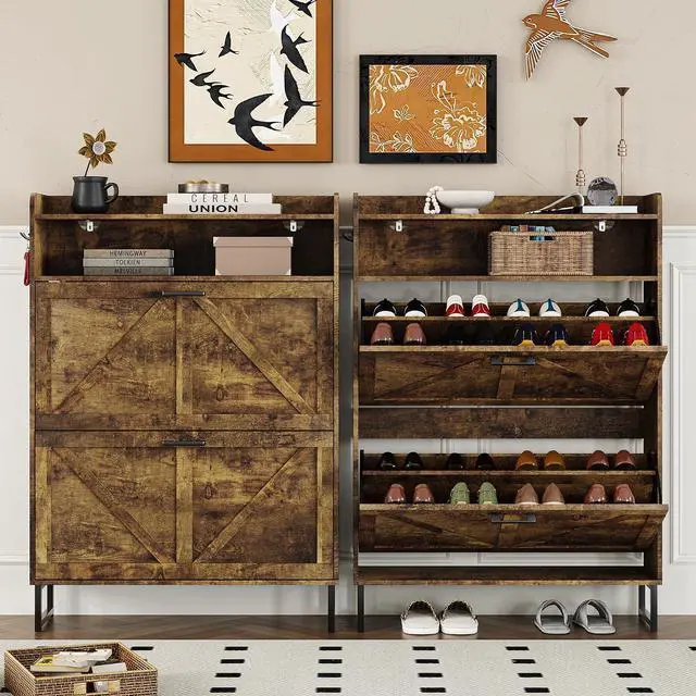 Alt view image 5 of 7 - Shoe Cabinet with 2 Flip Drawers Narrow Shoe Storage Cabinet Organizer Wooden Freestanding Rack Hidden Slim Storage for Entryway, Hallway, Living Room, Bedroom (Brown)