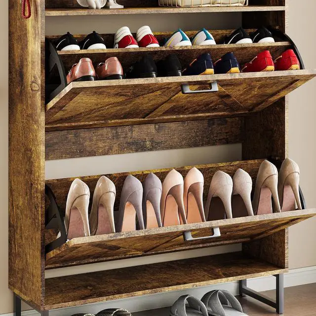 Alt view image 6 of 7 - Shoe Cabinet with 2 Flip Drawers Narrow Shoe Storage Cabinet Organizer Wooden Freestanding Rack Hidden Slim Storage for Entryway, Hallway, Living Room, Bedroom (Brown)