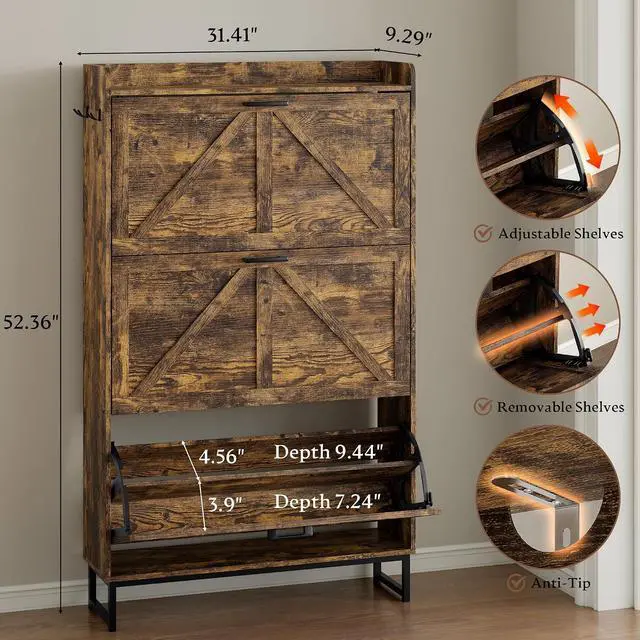 Alt view image 2 of 7 - Shoe Cabinet with 3 Flip Drawers Narrow Shoe Storage Cabinet Organizer Wooden Freestanding Shoe Rack Hidden Slim Shoes Storage Cabinet for Entryway, Hallway, Living Room, Bedroom
