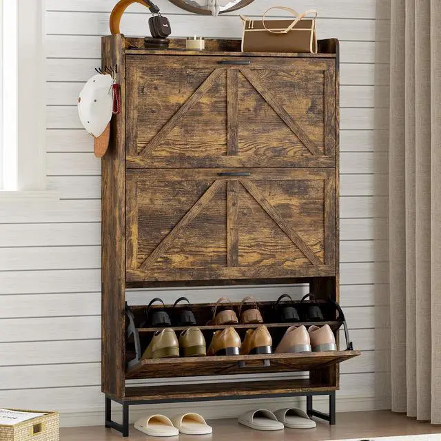 Main image of Shoe Cabinet with 3 Flip Drawers Narrow Shoe Storage Cabinet Organizer Wooden Freestanding Shoe Rack Hidden Slim Shoes Storage Cabinet for Entryway, Hallway, Living Room, Bedroom