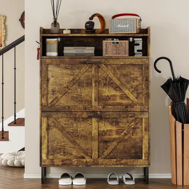 Alt view image 4 of 7 - Shoe Cabinet with 2 Flip Drawers Narrow Shoe Storage Cabinet Organizer Wooden Freestanding Rack Hidden Slim Storage for Entryway, Hallway, Living Room, Bedroom (Brown)