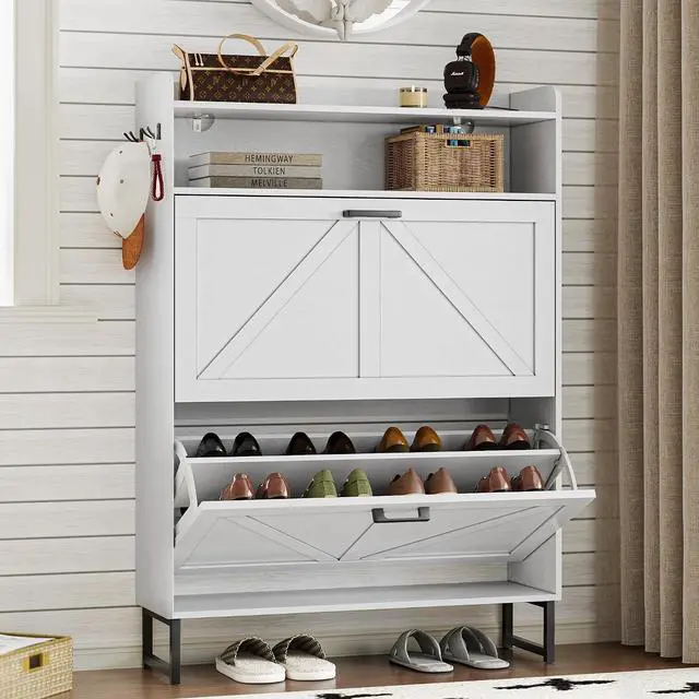 Main image of Shoe Cabinet with 2 Flip Drawers Narrow Shoe Storage Cabinet Organizer Wooden Freestanding Shoe Rack Hidden Slim Shoes Storage Cabinet for Entryway, Hallway, Bedroom