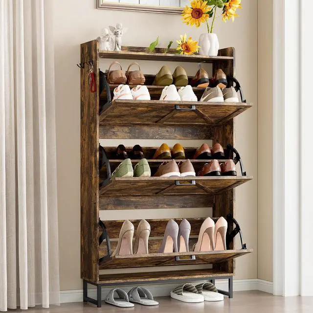 Alt view image 3 of 7 - Shoe Cabinet with 3 Flip Drawers Narrow Shoe Storage Cabinet Organizer Wooden Freestanding Shoe Rack Hidden Slim Shoes Storage Cabinet for Entryway, Hallway, Living Room, Bedroom