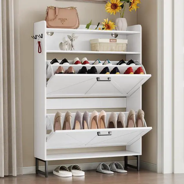 Alt view image 3 of 7 - Shoe Cabinet with 2 Flip Drawers Narrow Shoe Storage Cabinet Organizer Wooden Freestanding Shoe Rack Hidden Slim Shoes Storage Cabinet for Entryway, Hallway, Bedroom