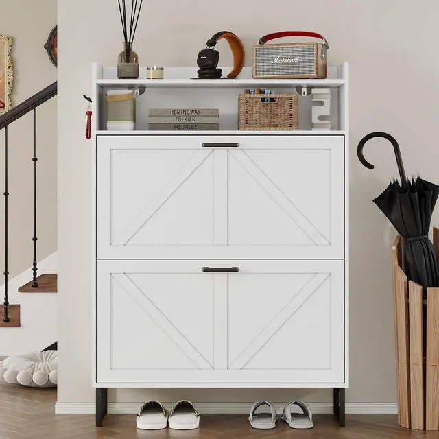 Alt view image 4 of 7 - Shoe Cabinet with 2 Flip Drawers Narrow Shoe Storage Cabinet Organizer Wooden Freestanding Shoe Rack Hidden Slim Shoes Storage Cabinet for Entryway, Hallway, Bedroom