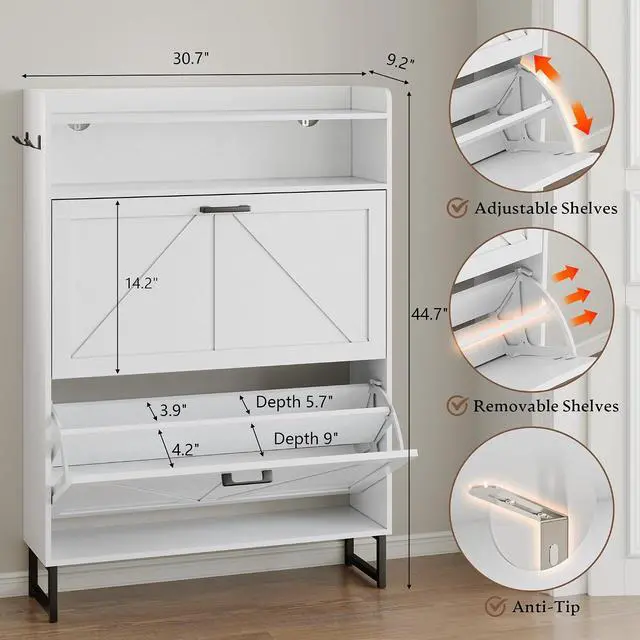 Alt view image 2 of 7 - Shoe Cabinet with 2 Flip Drawers Narrow Shoe Storage Cabinet Organizer Wooden Freestanding Shoe Rack Hidden Slim Shoes Storage Cabinet for Entryway, Hallway, Bedroom