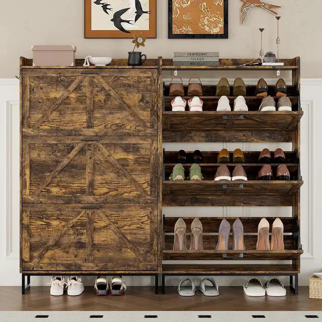 Alt view image 5 of 7 - Shoe Cabinet with 3 Flip Drawers Narrow Shoe Storage Cabinet Organizer Wooden Freestanding Shoe Rack Hidden Slim Shoes Storage Cabinet for Entryway, Hallway, Living Room, Bedroom