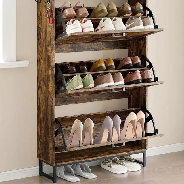 Alt view image 6 of 7 - Shoe Cabinet with 3 Flip Drawers Narrow Shoe Storage Cabinet Organizer Wooden Freestanding Shoe Rack Hidden Slim Shoes Storage Cabinet for Entryway, Hallway, Living Room, Bedroom