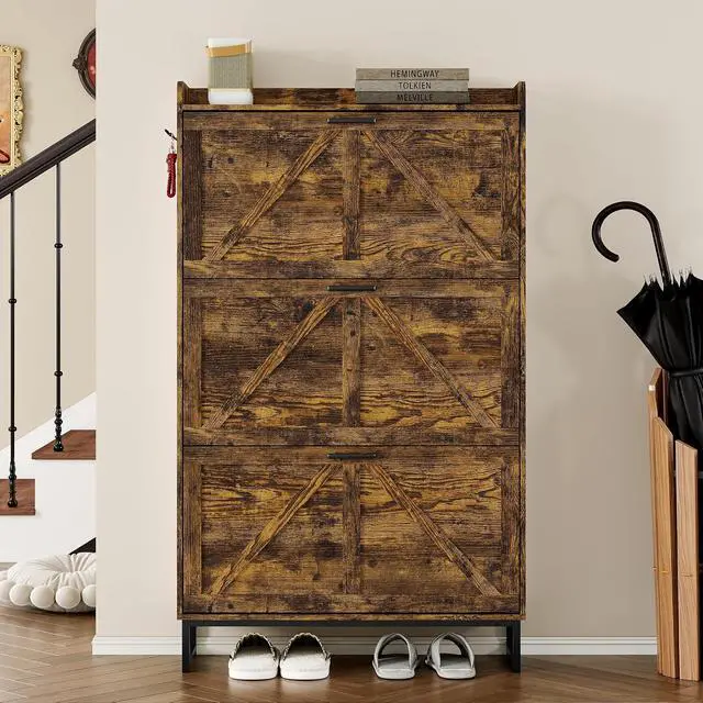 Alt view image 4 of 7 - Shoe Cabinet with 3 Flip Drawers Narrow Shoe Storage Cabinet Organizer Wooden Freestanding Shoe Rack Hidden Slim Shoes Storage Cabinet for Entryway, Hallway, Living Room, Bedroom