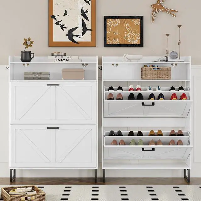 Alt view image 5 of 7 - Shoe Cabinet with 2 Flip Drawers Narrow Shoe Storage Cabinet Organizer Wooden Freestanding Shoe Rack Hidden Slim Shoes Storage Cabinet for Entryway, Hallway, Bedroom