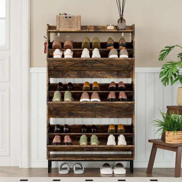 Alt view image 7 of 7 - Shoe Cabinet with 3 Flip Drawers Narrow Shoe Storage Cabinet Organizer Wooden Freestanding Shoe Rack Hidden Slim Shoes Storage Cabinet for Entryway, Hallway, Living Room, Bedroom