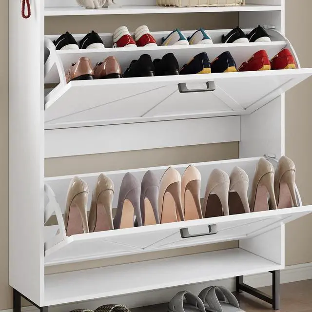 Alt view image 6 of 7 - Shoe Cabinet with 2 Flip Drawers Narrow Shoe Storage Cabinet Organizer Wooden Freestanding Shoe Rack Hidden Slim Shoes Storage Cabinet for Entryway, Hallway, Bedroom