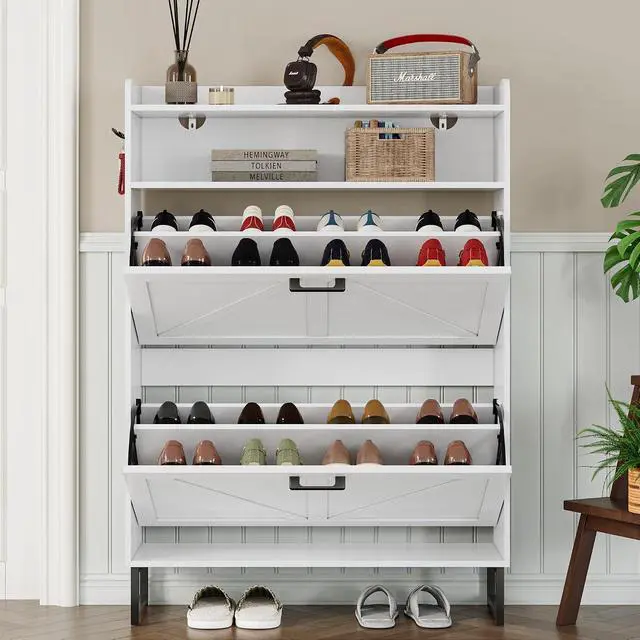 Alt view image 7 of 7 - Shoe Cabinet with 2 Flip Drawers Narrow Shoe Storage Cabinet Organizer Wooden Freestanding Shoe Rack Hidden Slim Shoes Storage Cabinet for Entryway, Hallway, Bedroom