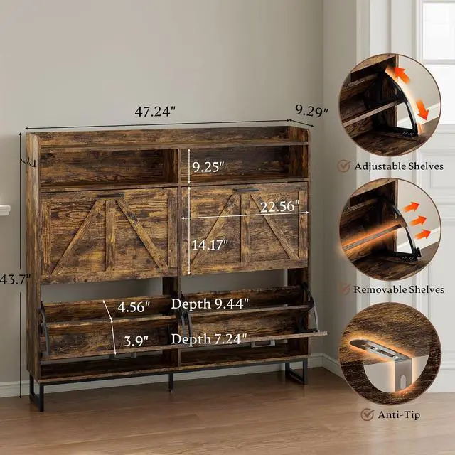 Alt view image 2 of 7 - Shoe Cabinet with 4 Flip Drawers Narrow Shoe Storage Cabinet Organizer Wooden Freestanding Shoe Rack Hidden Slim Shoes Storage Cabinet for Entryway, Hallway, Living Room, Bedroom