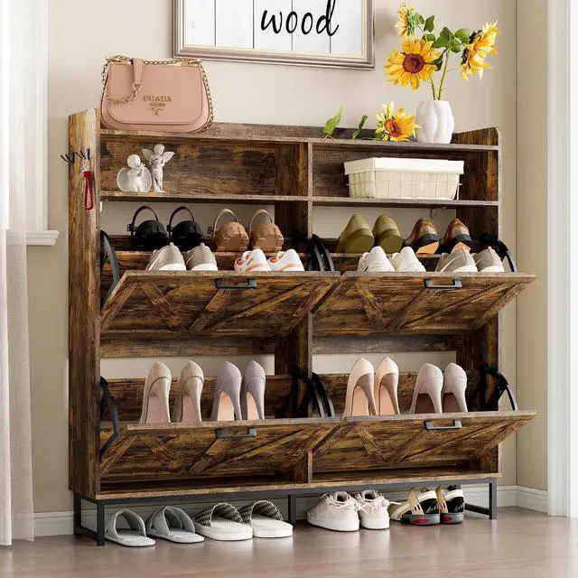 Alt view image 3 of 7 - Shoe Cabinet with 4 Flip Drawers Narrow Shoe Storage Cabinet Organizer Wooden Freestanding Shoe Rack Hidden Slim Shoes Storage Cabinet for Entryway, Hallway, Living Room, Bedroom