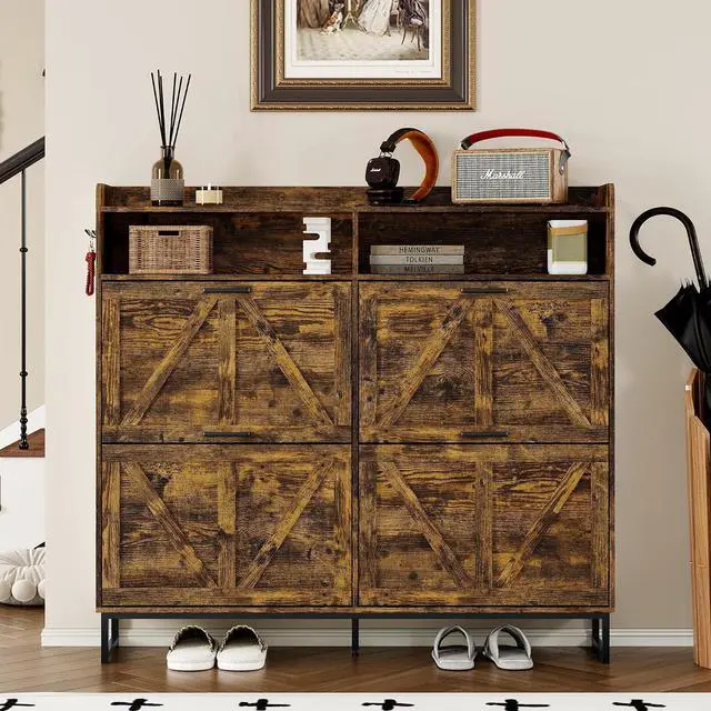 Alt view image 4 of 7 - Shoe Cabinet with 4 Flip Drawers Narrow Shoe Storage Cabinet Organizer Wooden Freestanding Shoe Rack Hidden Slim Shoes Storage Cabinet for Entryway, Hallway, Living Room, Bedroom