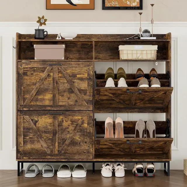 Alt view image 5 of 7 - Shoe Cabinet with 4 Flip Drawers Narrow Shoe Storage Cabinet Organizer Wooden Freestanding Shoe Rack Hidden Slim Shoes Storage Cabinet for Entryway, Hallway, Living Room, Bedroom