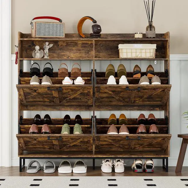 Alt view image 7 of 7 - Shoe Cabinet with 4 Flip Drawers Narrow Shoe Storage Cabinet Organizer Wooden Freestanding Shoe Rack Hidden Slim Shoes Storage Cabinet for Entryway, Hallway, Living Room, Bedroom