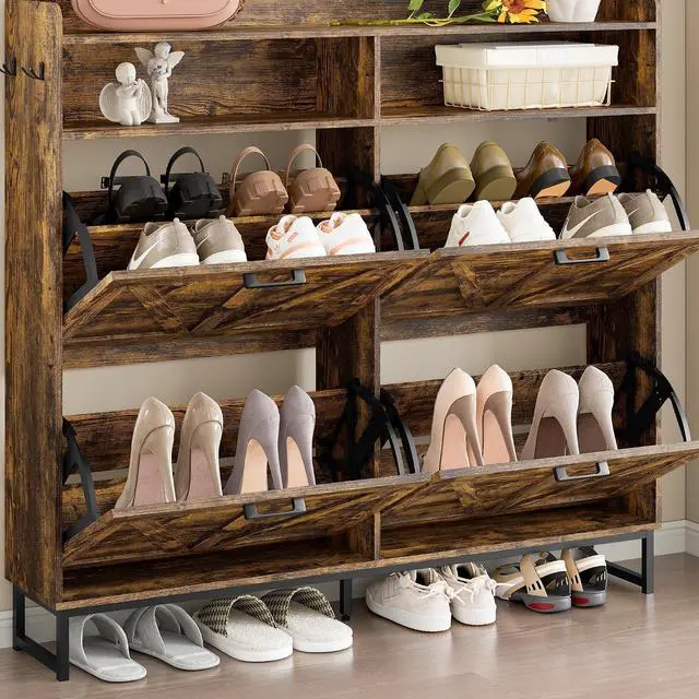Alt view image 6 of 7 - Shoe Cabinet with 4 Flip Drawers Narrow Shoe Storage Cabinet Organizer Wooden Freestanding Shoe Rack Hidden Slim Shoes Storage Cabinet for Entryway, Hallway, Living Room, Bedroom