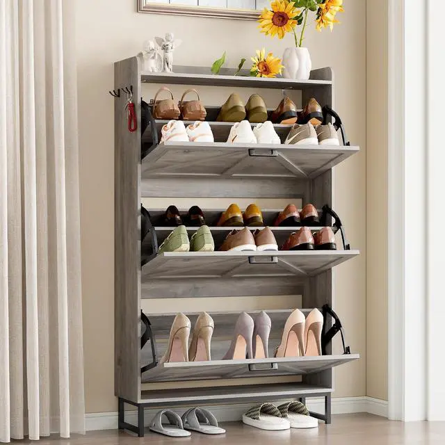 Alt view image 3 of 7 - Shoe Cabinet with 3 Flip Drawers Narrow Shoe Storage Cabinet Organizer Wooden Freestanding Shoe Rack Hidden Slim Shoes Storage Cabinet for Entryway, Hallway, Living Room, Bedroom