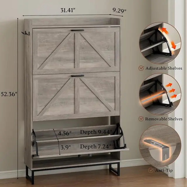 Alt view image 2 of 7 - Shoe Cabinet with 3 Flip Drawers Narrow Shoe Storage Cabinet Organizer Wooden Freestanding Shoe Rack Hidden Slim Shoes Storage Cabinet for Entryway, Hallway, Living Room, Bedroom