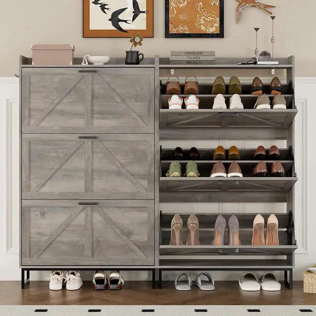 Alt view image 5 of 7 - Shoe Cabinet with 3 Flip Drawers Narrow Shoe Storage Cabinet Organizer Wooden Freestanding Shoe Rack Hidden Slim Shoes Storage Cabinet for Entryway, Hallway, Living Room, Bedroom