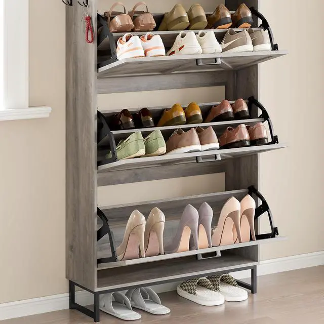 Alt view image 6 of 7 - Shoe Cabinet with 3 Flip Drawers Narrow Shoe Storage Cabinet Organizer Wooden Freestanding Shoe Rack Hidden Slim Shoes Storage Cabinet for Entryway, Hallway, Living Room, Bedroom