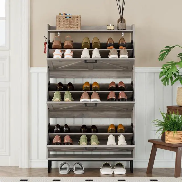 Alt view image 7 of 7 - Shoe Cabinet with 3 Flip Drawers Narrow Shoe Storage Cabinet Organizer Wooden Freestanding Shoe Rack Hidden Slim Shoes Storage Cabinet for Entryway, Hallway, Living Room, Bedroom