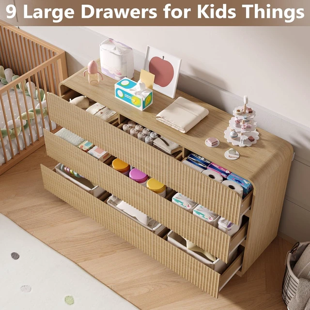Alt view image 3 of 7 - Dresser for Bedroom with 9 Drawers, Fluted Chest of Drawers with Round Curved Corner, Hidden Handles, Modern Wood Storage Organizer for Bedroom, Nursery, Living Room