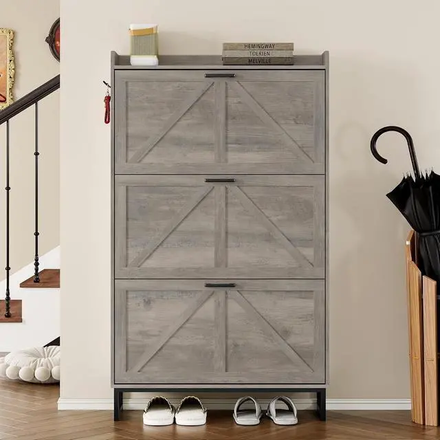 Alt view image 4 of 7 - Shoe Cabinet with 3 Flip Drawers Narrow Shoe Storage Cabinet Organizer Wooden Freestanding Shoe Rack Hidden Slim Shoes Storage Cabinet for Entryway, Hallway, Living Room, Bedroom