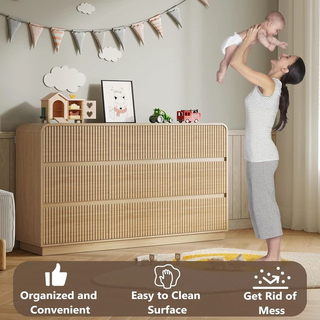 Alt view image 5 of 7 - Dresser for Bedroom with 9 Drawers, Fluted Chest of Drawers with Round Curved Corner, Hidden Handles, Modern Wood Storage Organizer for Bedroom, Nursery, Living Room