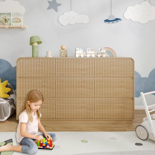 Alt view image 7 of 7 - Dresser for Bedroom with 9 Drawers, Fluted Chest of Drawers with Round Curved Corner, Hidden Handles, Modern Wood Storage Organizer for Bedroom, Nursery, Living Room