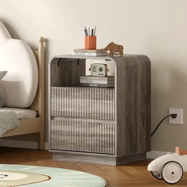 Main image of Dresser with 2 Drawers and Charging Station, Fluted Bedside Table with Round Curved Corner, Hidden Handles, 2 AC Outlets and 2 USB Ports, Modern Wood End Table with Open Shelf for Bedroom