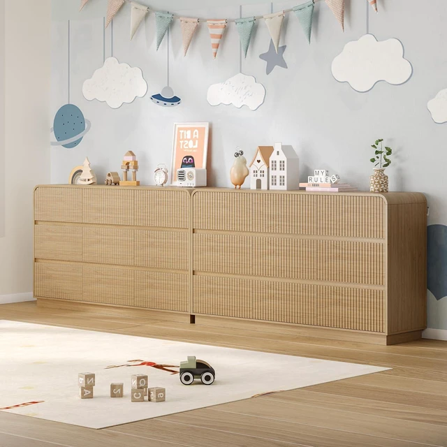 Alt view image 6 of 7 - Dresser for Bedroom with 9 Drawers, Fluted Chest of Drawers with Round Curved Corner, Hidden Handles, Modern Wood Storage Organizer for Bedroom, Nursery, Living Room