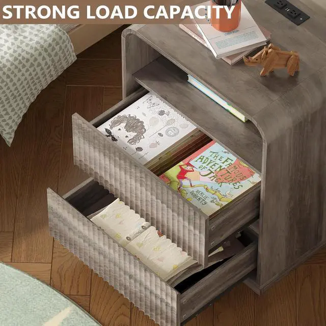Alt view image 3 of 6 - Dresser with 2 Drawers and Charging Station, Fluted Bedside Table with Round Curved Corner, Hidden Handles, 2 AC Outlets and 2 USB Ports, Modern Wood End Table with Open Shelf for Bedroom