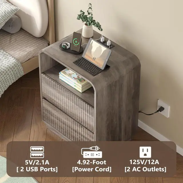 Alt view image 4 of 6 - Dresser with 2 Drawers and Charging Station, Fluted Bedside Table with Round Curved Corner, Hidden Handles, 2 AC Outlets and 2 USB Ports, Modern Wood End Table with Open Shelf for Bedroom