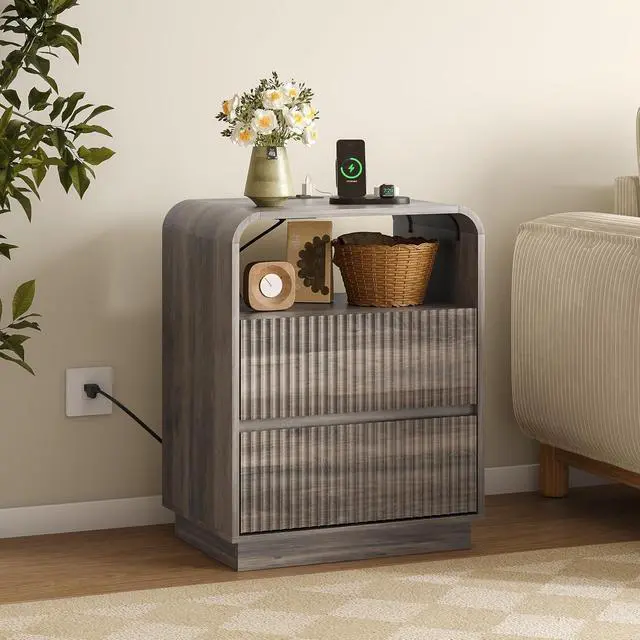 Alt view image 5 of 6 - Dresser with 2 Drawers and Charging Station, Fluted Bedside Table with Round Curved Corner, Hidden Handles, 2 AC Outlets and 2 USB Ports, Modern Wood End Table with Open Shelf for Bedroom