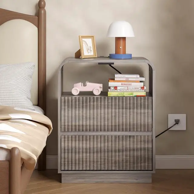 Alt view image 6 of 6 - Dresser with 2 Drawers and Charging Station, Fluted Bedside Table with Round Curved Corner, Hidden Handles, 2 AC Outlets and 2 USB Ports, Modern Wood End Table with Open Shelf for Bedroom