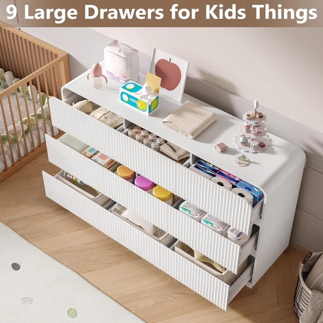 Alt view image 3 of 7 - Dresser for Bedroom with 9 Drawers, Fluted Chest of Drawers with Round Curved Corner, Hidden Handles, Modern Wood Storage Organizer for Bedroom, Nursery, Living Room