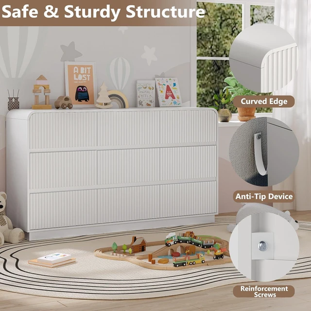 Alt view image 4 of 7 - Dresser for Bedroom with 9 Drawers, Fluted Chest of Drawers with Round Curved Corner, Hidden Handles, Modern Wood Storage Organizer for Bedroom, Nursery, Living Room
