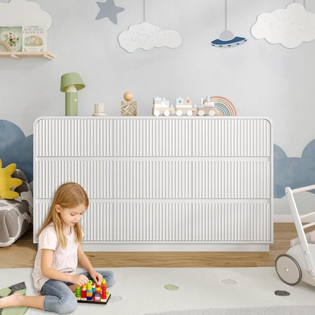 Alt view image 7 of 7 - Dresser for Bedroom with 9 Drawers, Fluted Chest of Drawers with Round Curved Corner, Hidden Handles, Modern Wood Storage Organizer for Bedroom, Nursery, Living Room