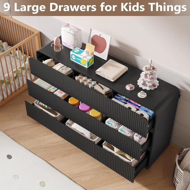 Alt view image 3 of 7 - Dresser for Bedroom with 9 Drawers, Fluted Chest of Drawers with Round Curved Corner, Hidden Handles, Modern Wood Storage Organizer for Bedroom, Nursery, Living Room