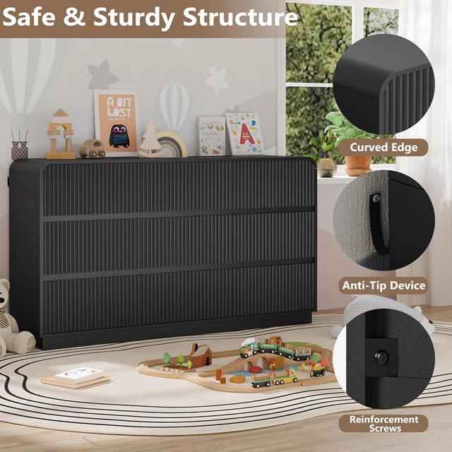 Alt view image 4 of 7 - Dresser for Bedroom with 9 Drawers, Fluted Chest of Drawers with Round Curved Corner, Hidden Handles, Modern Wood Storage Organizer for Bedroom, Nursery, Living Room