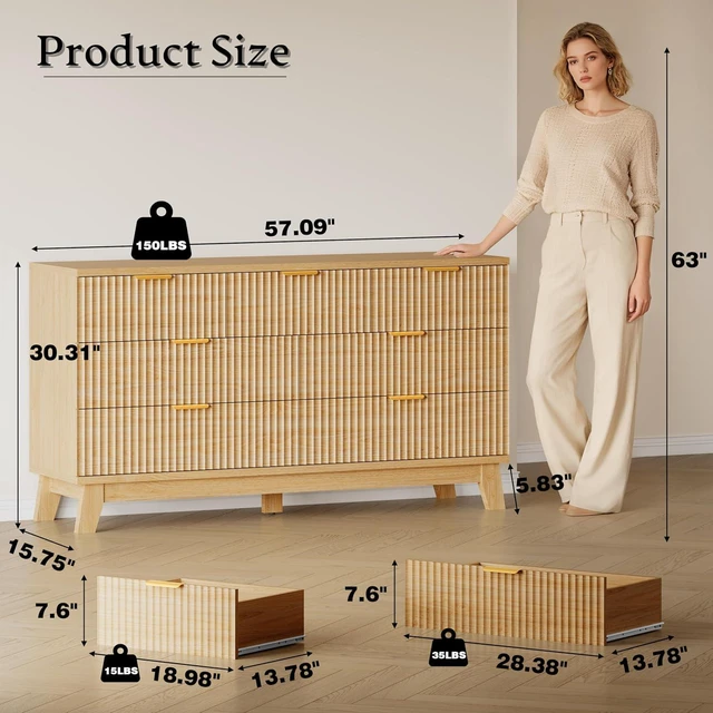Alt view image 2 of 7 - 57" Long Dresser for Bedroom, 7-Drawer Fluted Chest, Wide Wood Storage Dresser with Metal Slides and Handles, Stable Base, Modern Clothes Organizer for Primary Suite, Guest Room, Nursery