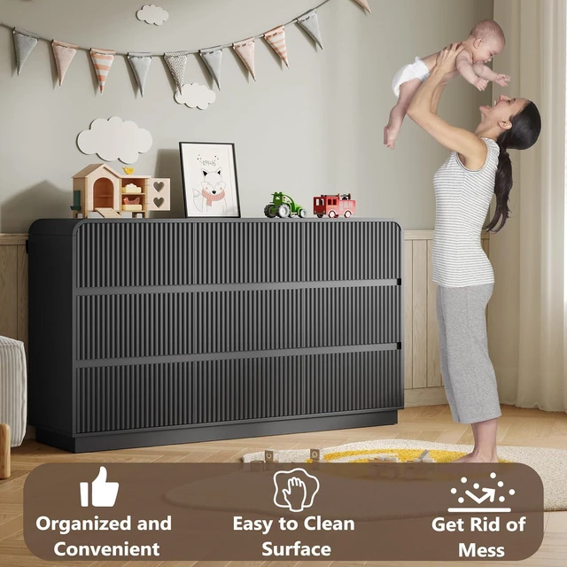 Alt view image 5 of 7 - Dresser for Bedroom with 9 Drawers, Fluted Chest of Drawers with Round Curved Corner, Hidden Handles, Modern Wood Storage Organizer for Bedroom, Nursery, Living Room